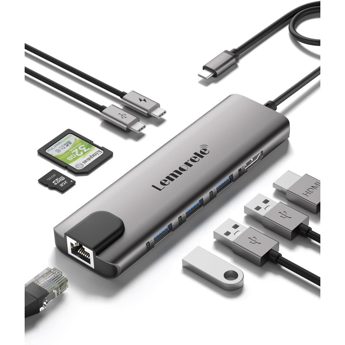 Lemorele Док-станція USB C хаб 9-в-1 з Ethernet: 2xHDMI 4K, 3xUSB 3.0/2.0, VGA, PD 100W, SD/TF, для Windows, MacBook, Dell, HP, Lenovo, Surface
