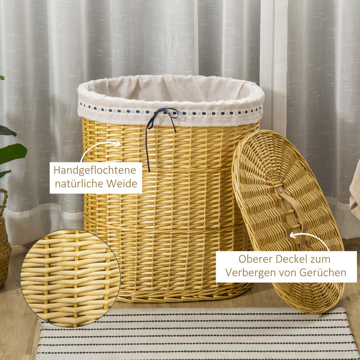 Кошик для білизни HOMCOM з кришкою з лози, 100 л, 51x38x57 см, натуральний колір. Коробка для білизни для спальні та ванної кімнати.