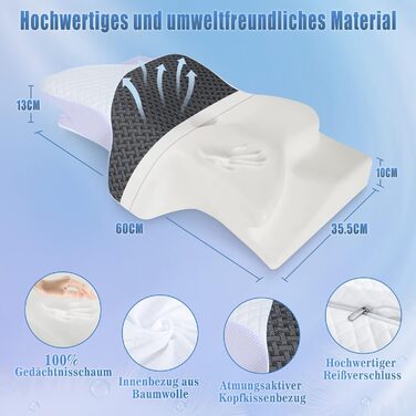 Ортопедична подушка для сну SAHEYER, ергономічна memory foam для бокового сну, підтримка шиї, 60x35,5x10/13 см, з чохлом