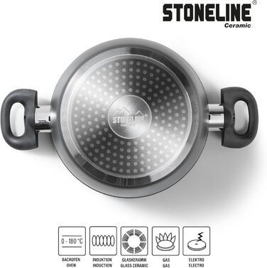 STONELINE Ceramic Cookware Set, 6-Piece, 18/20/24cm Pots with Lids. PFAS-Free, Non-Stick Pot. Suitable for Induction and All Cooktops with Ceramic Coating and Real Stone Particles. Cookware Set, Grey, 6-Piece