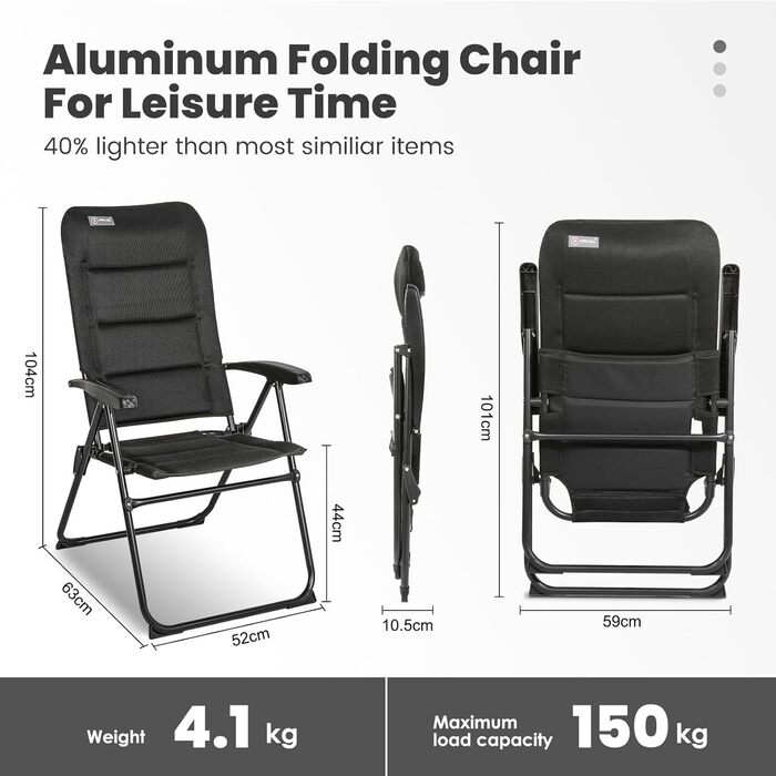 Крісло для кемпінгу Homecall складне, 150 кг, з високою спинкою, для саду, балкону, риболовлі, чорне