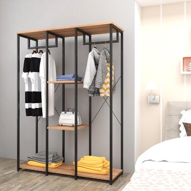 Clothes Rack Coat Rack, Open Wardrobe for Bedroom, Laundry Rack Hanging Shelf with Storage, Wood Steel, Black+Light Oak