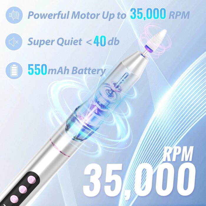 Електричний фрезер для нігтів Nagelfräser Kabellos 2-в-1 з LED лампою для манікюру та педикюру, 35000 об/хв, срібний