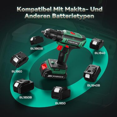 Акумуляторний шуруповерт 20V з акумулятором 2000mAh, 42Nm, 25+1 ступенів, 10мм патрон, LED-підсвітка, сумісний з Makita, для ремонту та DIY Green