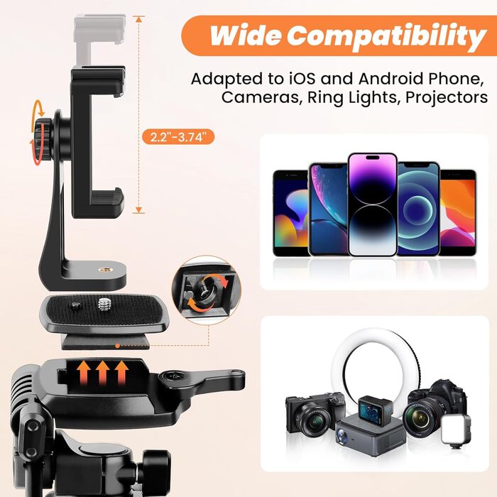 Штатив для камери та смартфона Nineigh, 190 см, з пусковим гачком, легкий алюмінієвий, з трьохсторонньою головкою, для iPhone/Samsung/Huawei/DSLR