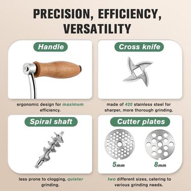 М'ясорубка ручна Huanyu з нержавіючої сталі, насадка для ковбас та печива, миється в посудомийній машині, для яловичини, свинини та овочів (№8)