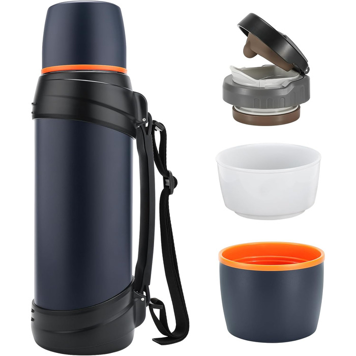 2.5L Thermos Flask/Thermos Jar, Stainless Steel Insulated Flask/Drinking Bottle, Insulated Flask with 2 Drinking Cups, Double-Walled Insulation Camping Water Bottle, 24h Hot & Cold (Dark Blue)