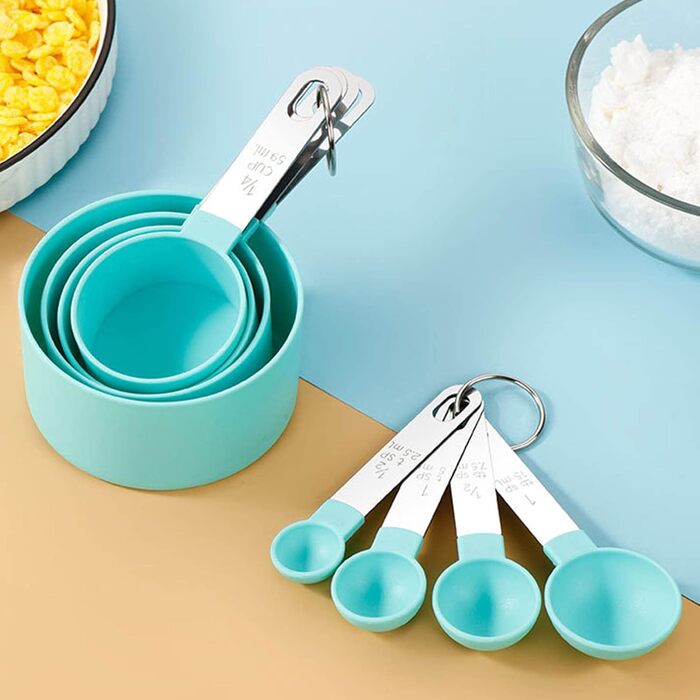 FLaig 8-Piece Plastic Measuring Cup and Spoon Set, Stackable Cups and Spoons, Nesting Measuring Cups with Stainless Steel Handles, Small Teaspoon Spoon