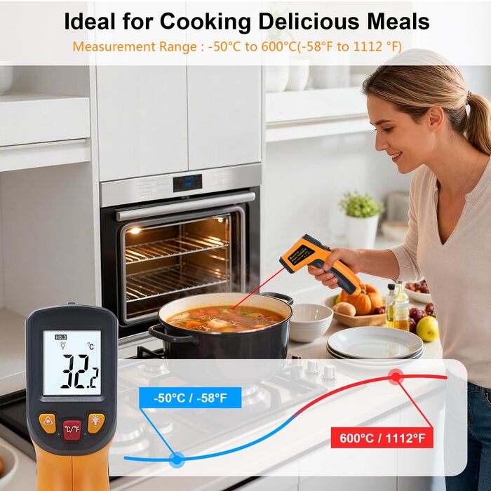 Інфрачервоний термометр KETOTEK - безконтактний вимірювач температури, -50°C до 600°C, для приготування їжі та барбекю