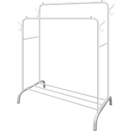 Metal Clothes Rack Clothes Stand Stable, Double Rod Durable with 1 Tier Shelf and 4 Side Hooks, Freestanding Clothes Rack, Multi-Purpose Organizer, Bedroom (Black2)