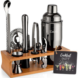 750ml Stainless Steel Cocktail Shaker Set with Bamboo Stand & Recipe Book - 17 Piece Bar Set for Bartenders, Gifts for Women