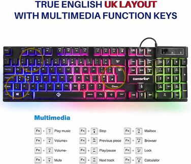 Ігровий набір клавіатури та миші Raptor з великим килимком, RGB-підсвітка, USB, UK-розкладка, для PC, Laptop, PS4, Xbox One, чорний