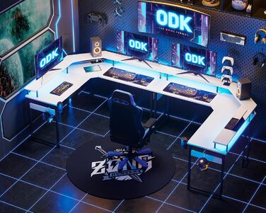 Ігровий стіл ODK з LED-підсвіткою, 2 розетками та 2 USB, кутовий білий комп'ютерний стіл з підставкою для монітора 129x129 см для геймінгу та домашнього офісу