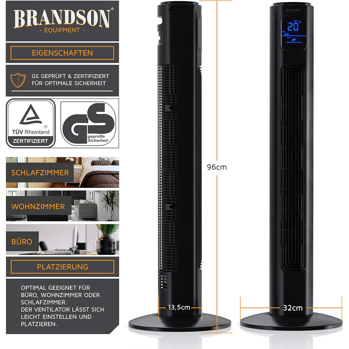 Вентилятор підлоговий Brandson з дистанційним керуванням, 96 см, тихий, з осциляцією, 3 швидкості, 3 режими, таймер, сертифікат GS, сірий (A: Космос Чорний)