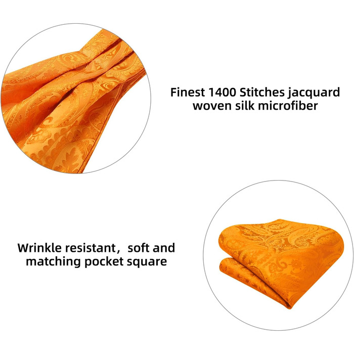 HISDERN Шовковий краватко-шарф чоловічий Paisley, краватка-аскот, нагрудна хустка та кишеньковий хустинка, набір для весілля/бізнесу (Помаранчевий)