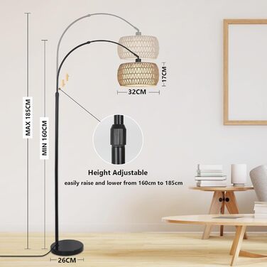Rayofly Торшер для вітальні Bogenlampe в стилі бохо з ротанговим абажуром, диммований торшер з пультом та LED-лампочкою, управління через додаток, чорний