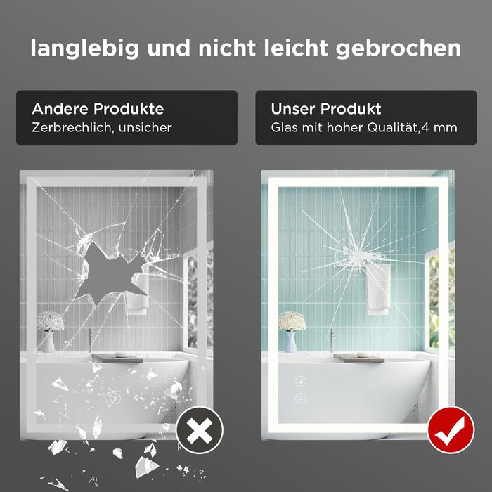 Дзеркало для ванної кімнати з підсвічуванням 50x70 см, сенсорне керування, протитуманне покриття, 3 кольори світла, регулювання яскравості, пам'ять налаштувань, матове, прямокутне