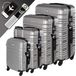 Набір валіз Devillo® Hartschalenkofferset 4шт. S-M-L-XL, чорний - жорсткий кейс, валіза для подорожей, ручна валіза, Rollkoffer з замком, 4 колеса, ABS, телескопічна ручка (Steel Symphony (Silver))