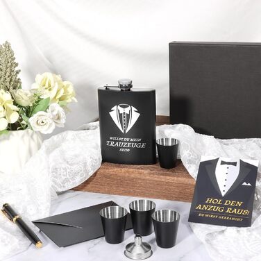 Фляга для друга нареченого з гравіюванням, 8oz, чорна, з 4 стаканчиками та воронкою, подарункова коробка, нержавіюча сталь, для весілля