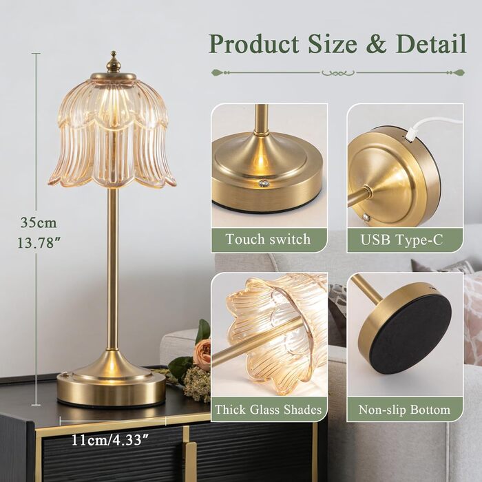 Ретро настільна лампа бездротова Rose з акумулятором 6000mAh, регульована яскравість, 3 режими освітлення, портативна LED лампа для спальні, вітальні, кухні (бурштиновий)