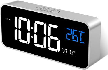 Цифровий годинник MOSUO з LED-дисплеєм, USB-зарядка, показник температури, голосове керування, 2 будильники, регулювання яскравості та гучності, срібний