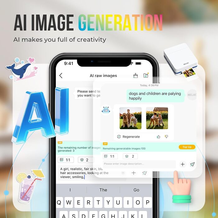 Портативний міні-принтер Nelko PP01 для фотографій з телефону (iOS & Android), 20 папірців, наклейки, білий