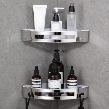 DUFU Shower Shelf Corner Shelf No Drilling for Bathroom Self-Adhesive Wall Mount SUS304 Stainless Steel and ABS Shower Shelf Corner Shower Basket Shower Shelves with 2 Hooks for Bathroom Organizer Corner Shelf 2 Pieces Silver
