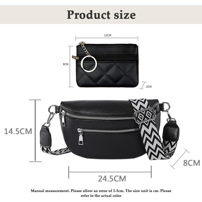 Жіноча сумка через плече з монетницею, шкіряна бананка, середнього розміру, з широким знімним ремінцем, поясна сумка для фестивалів, подорожей, повсякденного використання, біла (чорна)