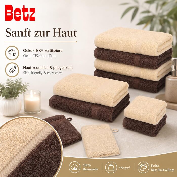 Набір махрових рушників Betz Premium 10 предметів, 100% бавовна, 470 г/м², Oeko-TEX, Колір: горіховий коричневий та бежевий (2 банні, 4 середні, 2 гостьові рушники, 2 рукавички)