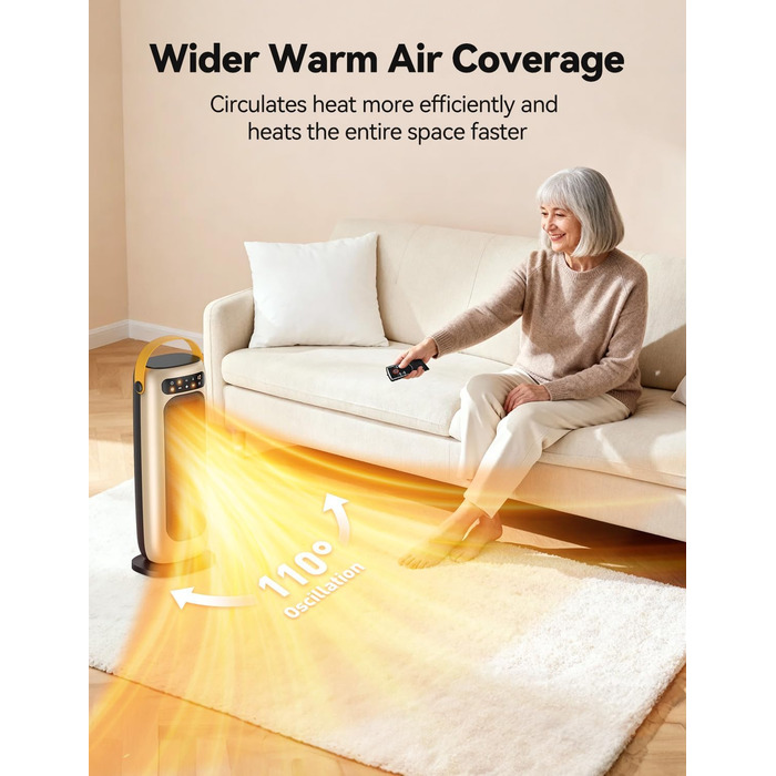 Електричний обігрівач PTC керамічний 1500W з пультом керування, 4 режими, осциляція 110°, таймер 1-10 год, захист від перегріву та перекидання. Компактний обігрівач для дому, золото.
