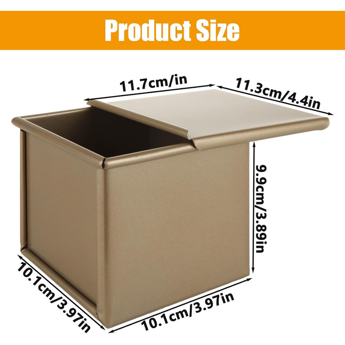 JMIATRY Pullman Loaf Pan with Lid, 240 g, Gold, Non-Stick Coated, Carbon Steel, Loaf Pan for Baking, Toast, Cake, 11 x 11 cm, 2 Pieces