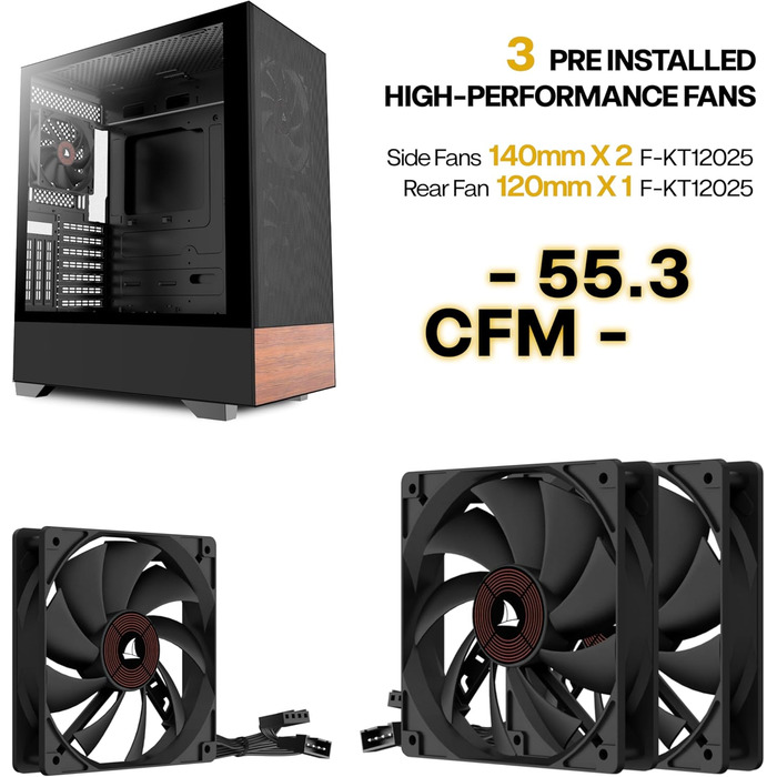 Корпус ПК KEDIERS ATX Tower для ігрового комп'ютера з загартованим склом (чорний, 3 вентилятори без LED)