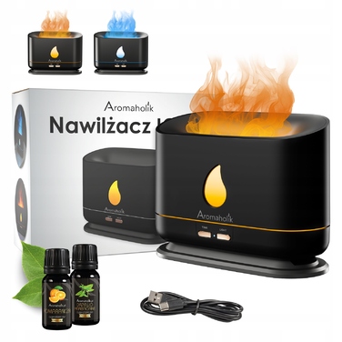 Ультразвуковий зволожувач повітря Aromaholik з ефектом вогню, без BPA, з таймером, LED-підсвіткою та USB-портом