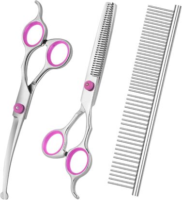Набір професійних ножиць для грумінгу собак та котів: титанові ножиці, розріджувач, прямі ножиці з гребенем (чорний) (Рожевий)