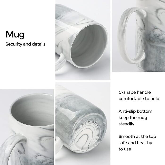 Smilatte Unique Coffee Cups, M068, Marble-Ceramic Cup with Large Handle, for Home and Office, Microwave-Safe, Set of 4, Gray
