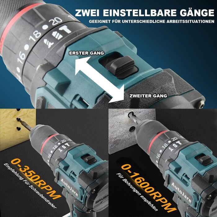 Акумуляторний ударний дриль-шуруповерт сумісний з Makita 18V, 13 мм, безщітковий, 35+3 ступені крутного моменту, 90 Н.м, 2 регульовані ступені, акумуляторний шуруповерт з 3 аксесуарами (без акумулятора) (10 мм для Bosch 18V)