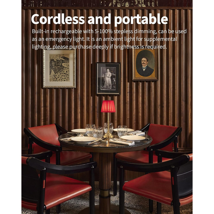 LED Настільна лампа бездротова, димована вінтажна приліжкова лампа, ретро акумуляторна настільна лампа 4000mAh, для дому, бару, вітальні (Золото + Червоний абажур, 2 шт)