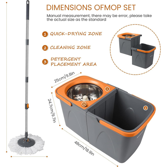 Набір для миття підлоги Rainberg Spin Mop з відром: 3 змінні насадки, висувний 130 см, мікрофібра, самовіджимання, сірий та помаранчевий
