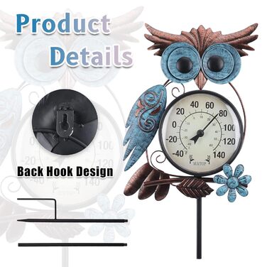 MUMTOP Outdoor Thermometer, 42 inch Metal Owl Garden Stake Outdoor Wall Thermometer for Patio, Yard and Garden