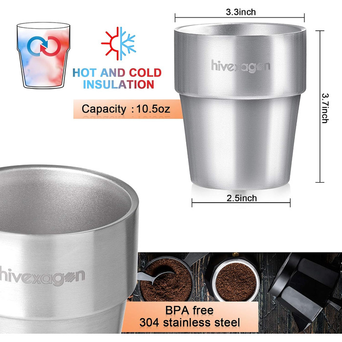 Hivexagon 300ml Set of 8 Double-Walled Stainless Steel Cups - Ideal for Cold Drinks - Dishwasher Safe HG298