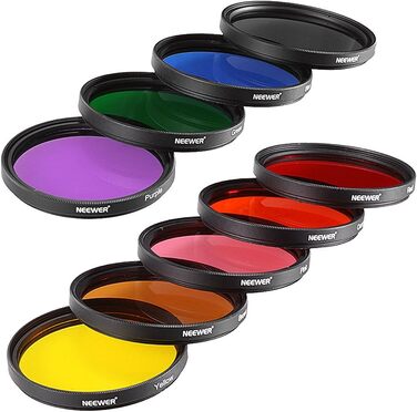 NEEWER Набір фільтрів для об'єктива 9шт, 58mm: червоний, оранжевий, синій, жовтий, зелений, коричневий, фіолетовий, рожевий, сірий. Аксесуари для камери
