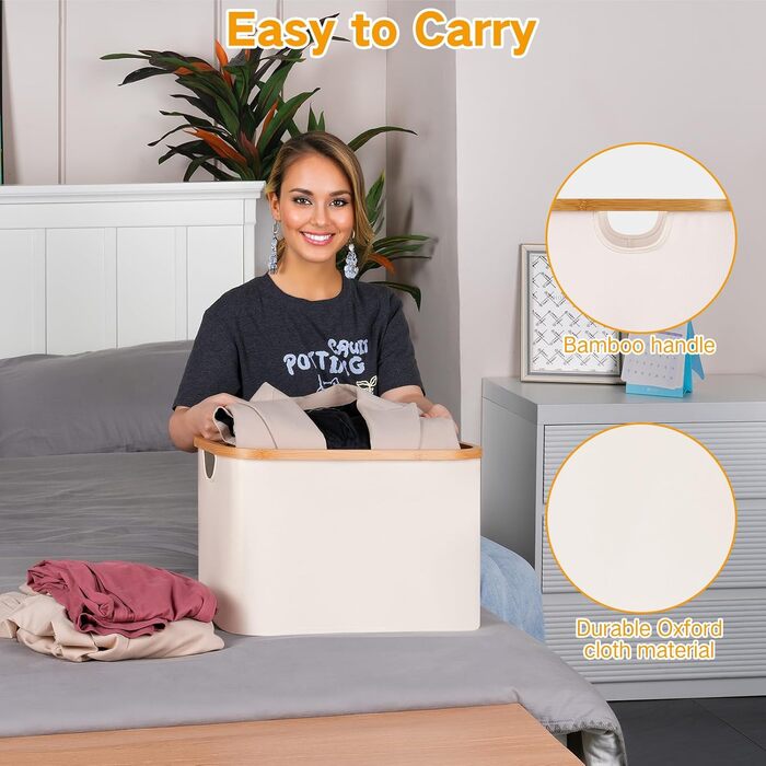 Efluky Foldable Laundry Basket 50L, Bamboo Fabric Foldable Storage Basket, Collapsible Storage Basket, Laundry Baskets for Bedroom Bathroom (Beige)