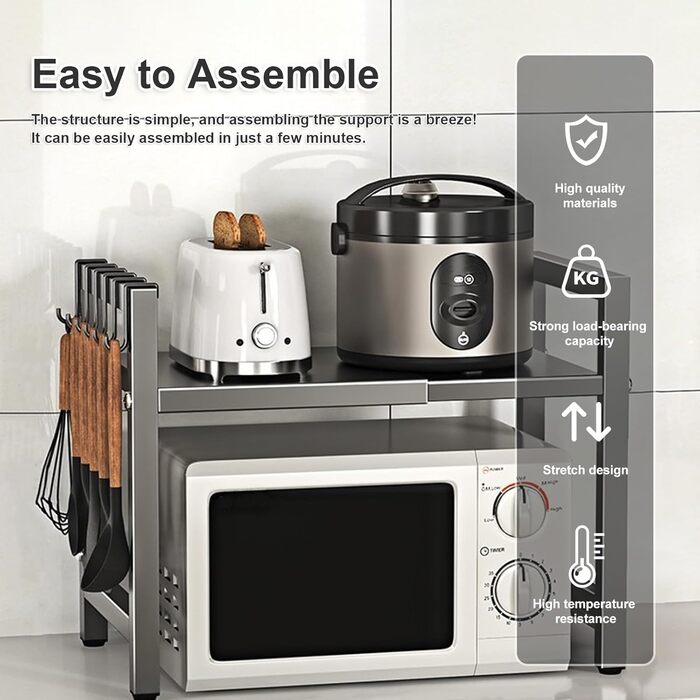 Настільний органайзер для мікрохвильової печі з 6 гачками, регульована висота та ширина, металевий, для кухні, спецій та кухонного приладдя