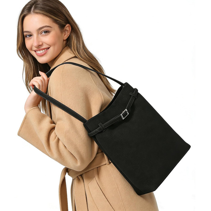 Сумка жіноча Miss Lulu велика шопер Tote Bag з м'якої PU шкіри, чорна (2-в-1)