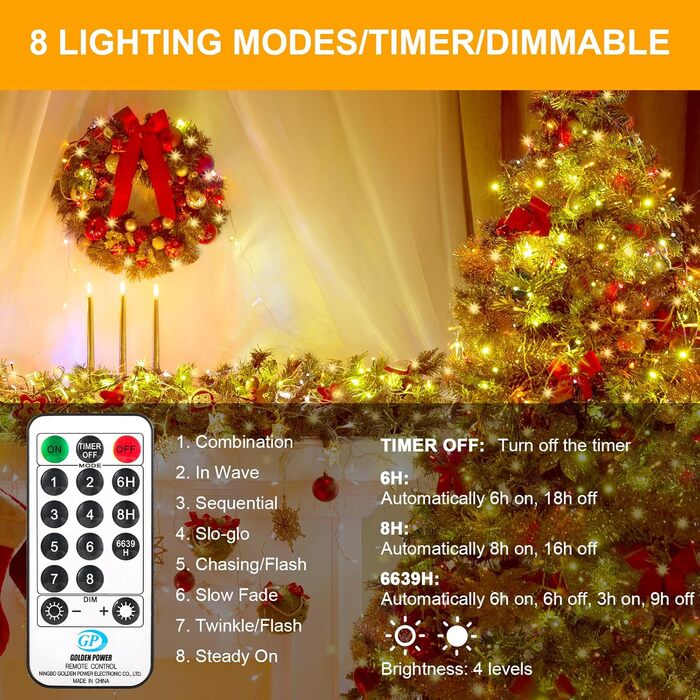 LED гірлянда світлодіодна 23м, 200 LED, струмова, водонепроникна, таймер, 8 режимів, для декору приміщень та вулиці, на Різдво, Великдень, вечірку, Кімнатна гірлянда, Кількість: 1 шт, Колір: Холодне біле світло