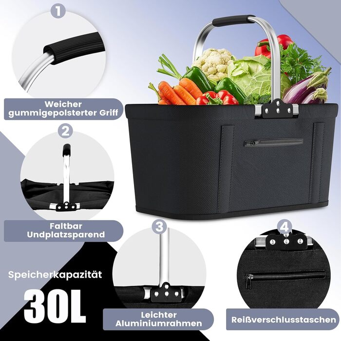 Складаний кошик для покупок 30L з 4 стійками | Міцний кошик для перенесення та пікнік | Великий кошик для сім'ї (46x27x25cm) | З м'якими ручками | Для покупок, подорожей, кемпінгу (Чорний)