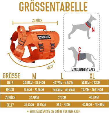 Тактичне нашийник для собак, підйомне спорядження для середніх та великих собак, Air Mesh регульований нашийник для службових собак з металевою застібкою 39g для тренувань та прогулянок (Помаранчевий, M(Окружність шиї: 36-53см, Окружність грудей: 56-74см)