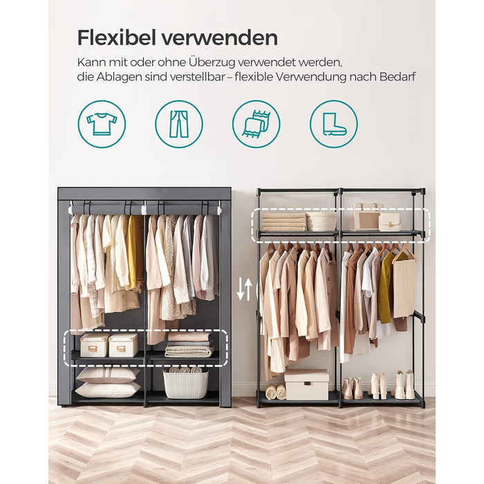 SONGMICS Storage Cabinet, Portable, with Hanging Rod, Foldable, Wardrobe, Bedroom, Office, 140 x 43 x 174 cm, Grey RYG02GY