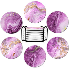 Drink coasters, round, absorbent ceramic stone coasters with cork base, funny turquoise marble drinks (Purple)