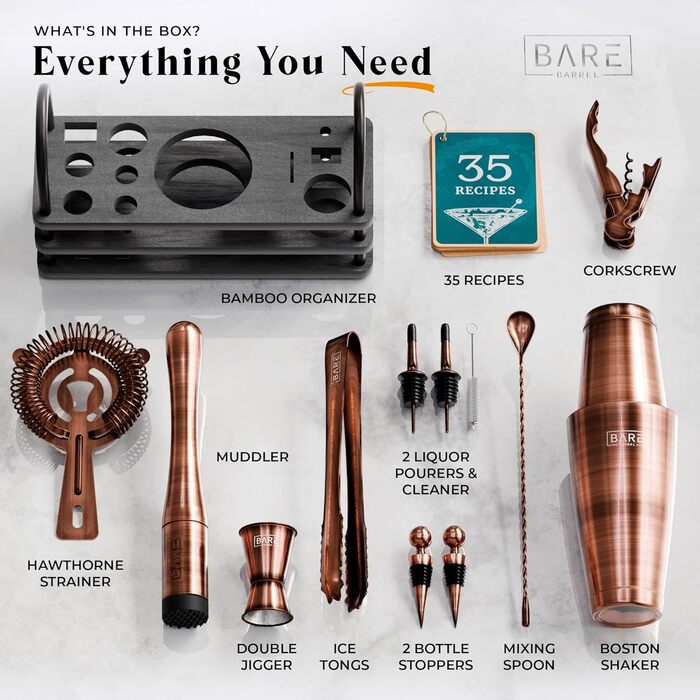 Bare Barrel Cocktail Shaker Set - 14 Piece Bar Set with Boston Shaker, Martini Accessories & Recipe Cards - Home Bartender Kit
